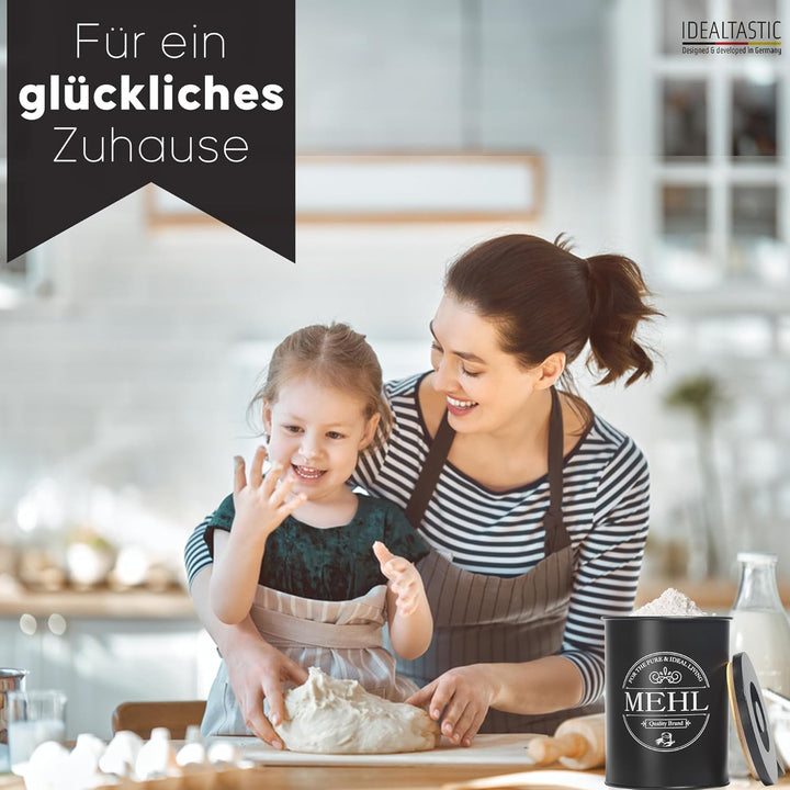 IDEALTASTIC® Premium Mehl Aufbewahrung schwarz, Luftdichte Mehldose 500g für die Küche I Robuster Me