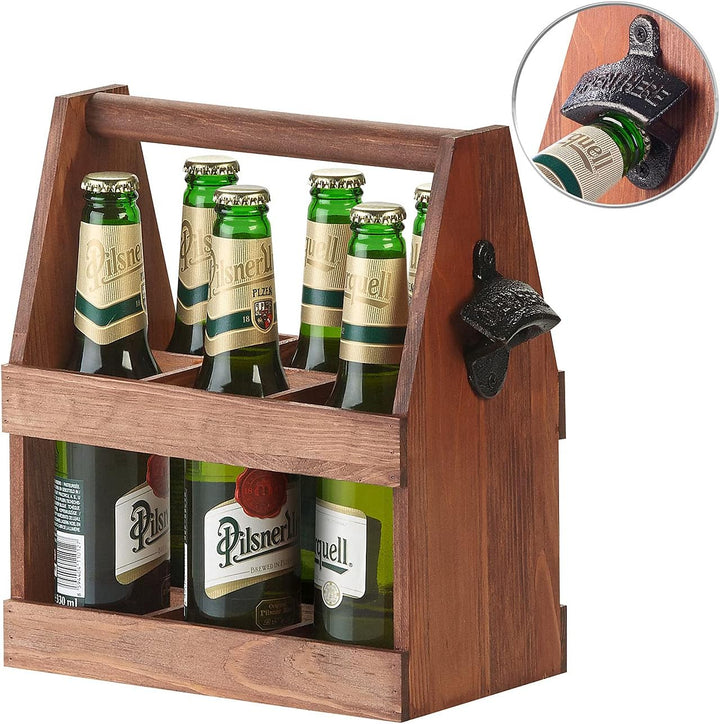Cucina di Modena Männerhandtasche: 2er-Set Flaschenträger aus Kiefernholz mit Flaschenöffner (Geträn