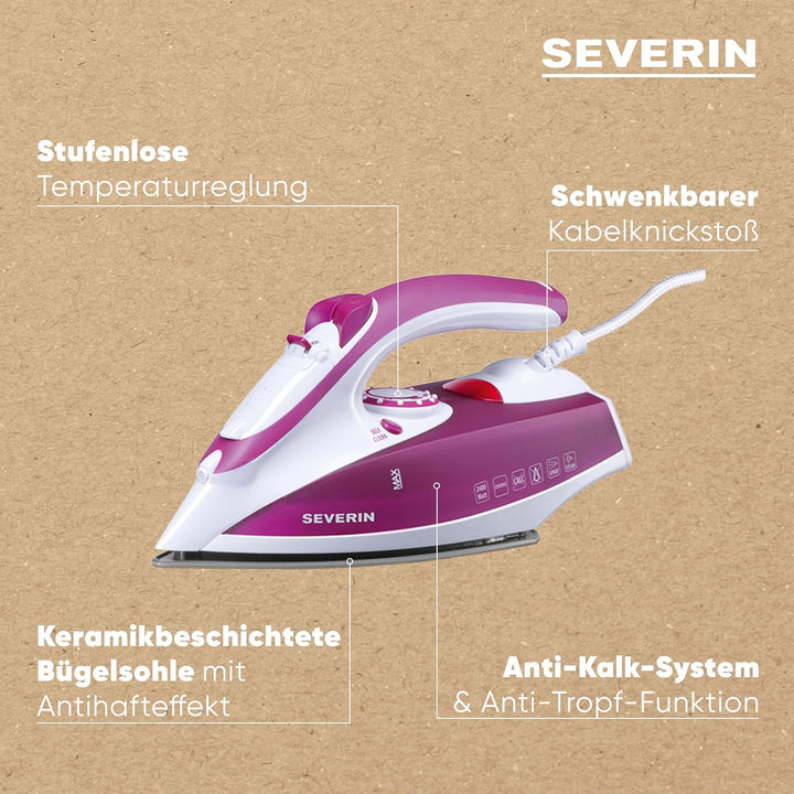 SEVERIN S73243 Dampfbügeleisen mit Keramiksohle, ca. 2.4 W, BA 3243, Weiss/Violett