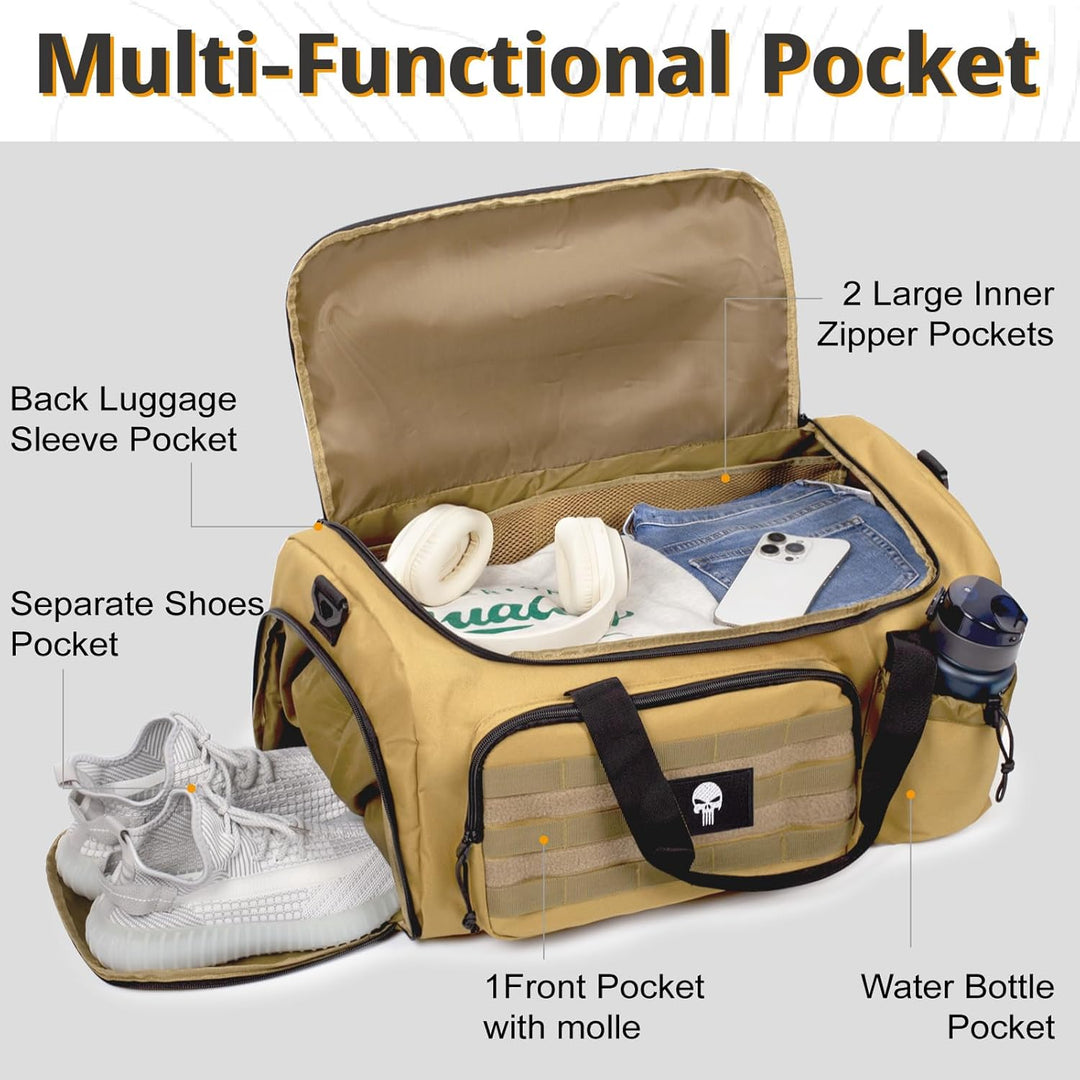 Taktische Sporttasche für Herren, 40L grosse Reisetasche mit Schuhfach, Sporttasche mit Nassfach, Mu