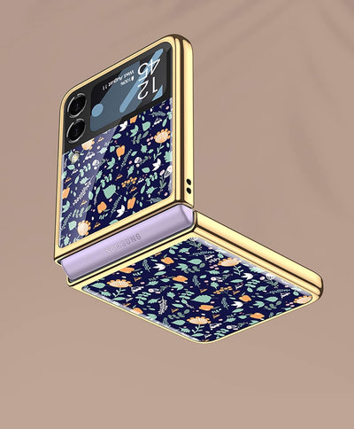 COQUE Galaxy Z Flip 3 5G Hülle,9H gehärtetes Glas Glänzend farbige Blumen Handyhülle, klappbare Hand