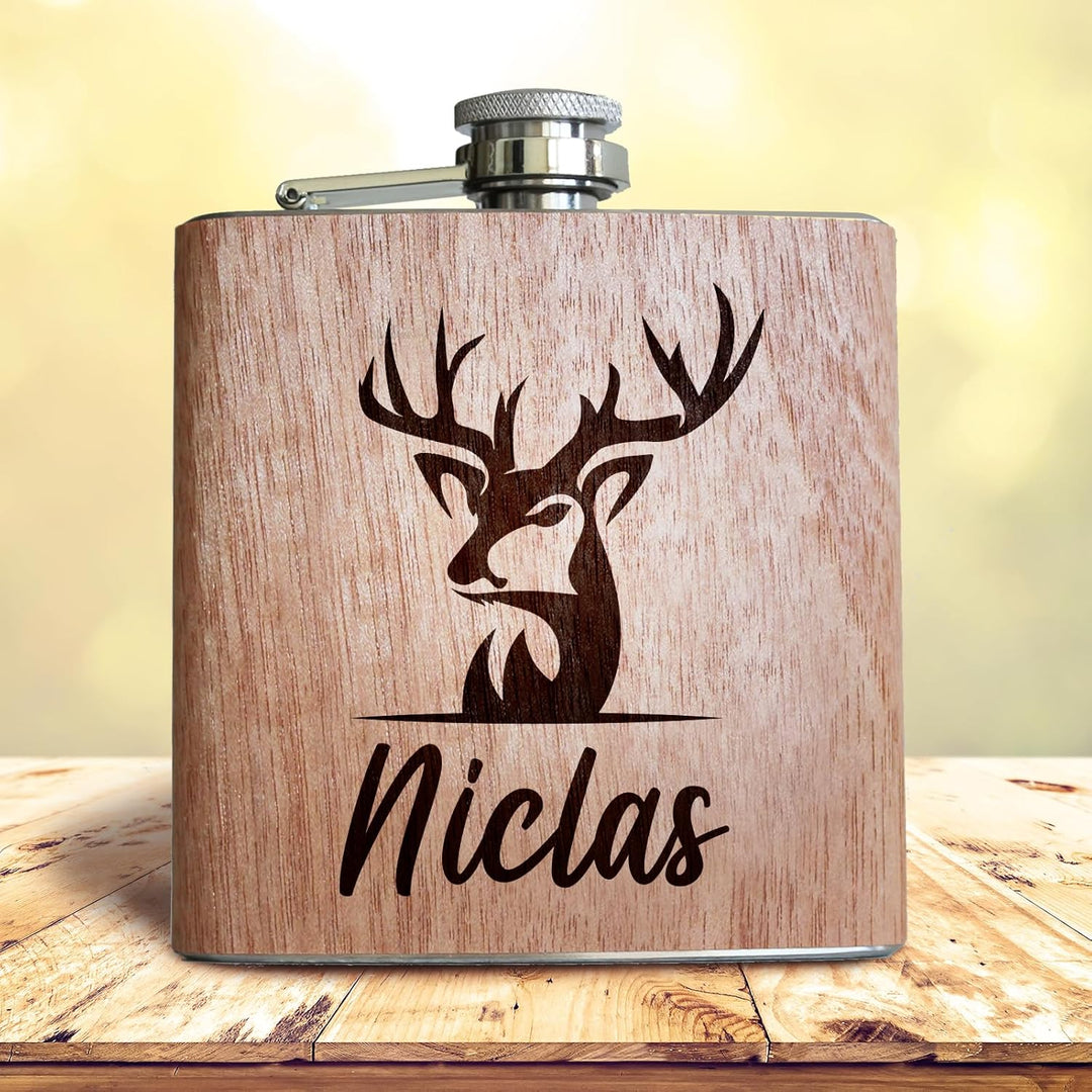 Pixelstudio Holz Flachmann mit Hirsch Gravur personalisiert mit Name! Mit Geschenkset als Männer Ges