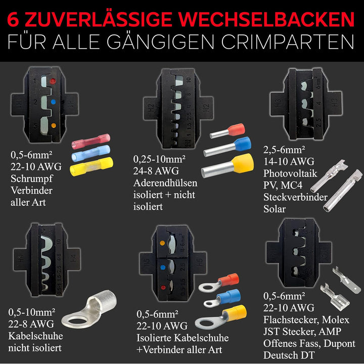 ALPHATEC® Crimpzange Set mit Wechselbacken inkl. automatische Abisolierzange - [0,25-10mm²] - Crimpz
