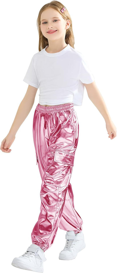 Rolanko Kinder Cargo Hose Elastische Taille Jogger Tanz Hose für Mädchen Streetwear Hip Hop Hellrosa