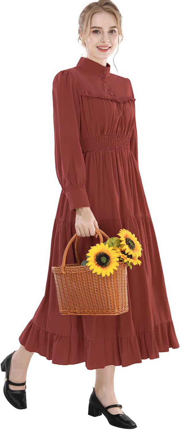 CR ROLECOS Mittelalter Kleidung Damen Viktorianisches Kleid Langarm A-Linie Vintage Edwardianisches