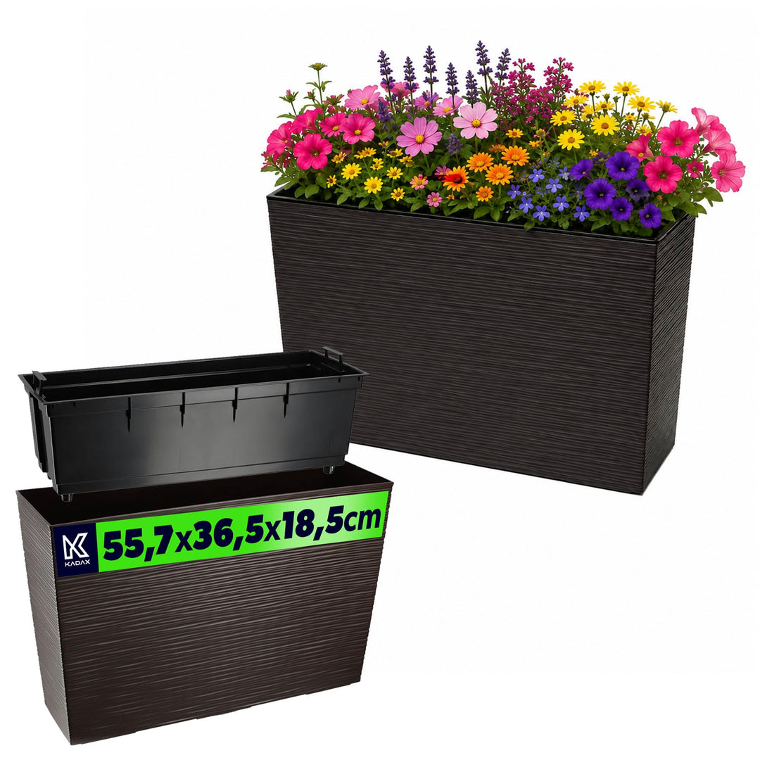 KADAX Blumenkasten aus Kunststoff, 18,5x55,7cm, 5 Farben, Blumentopf mit Bewässerungsbändern, Balkon