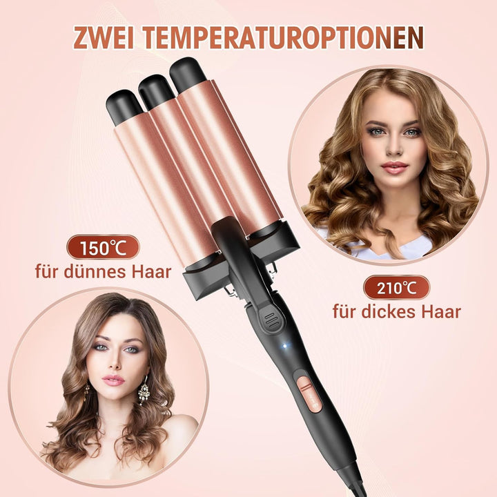 Lockenstab 3 Fässer, Beach Waves Welleneisen mit einstellbarer Temperatur, PTC Schnellheizung Schnel