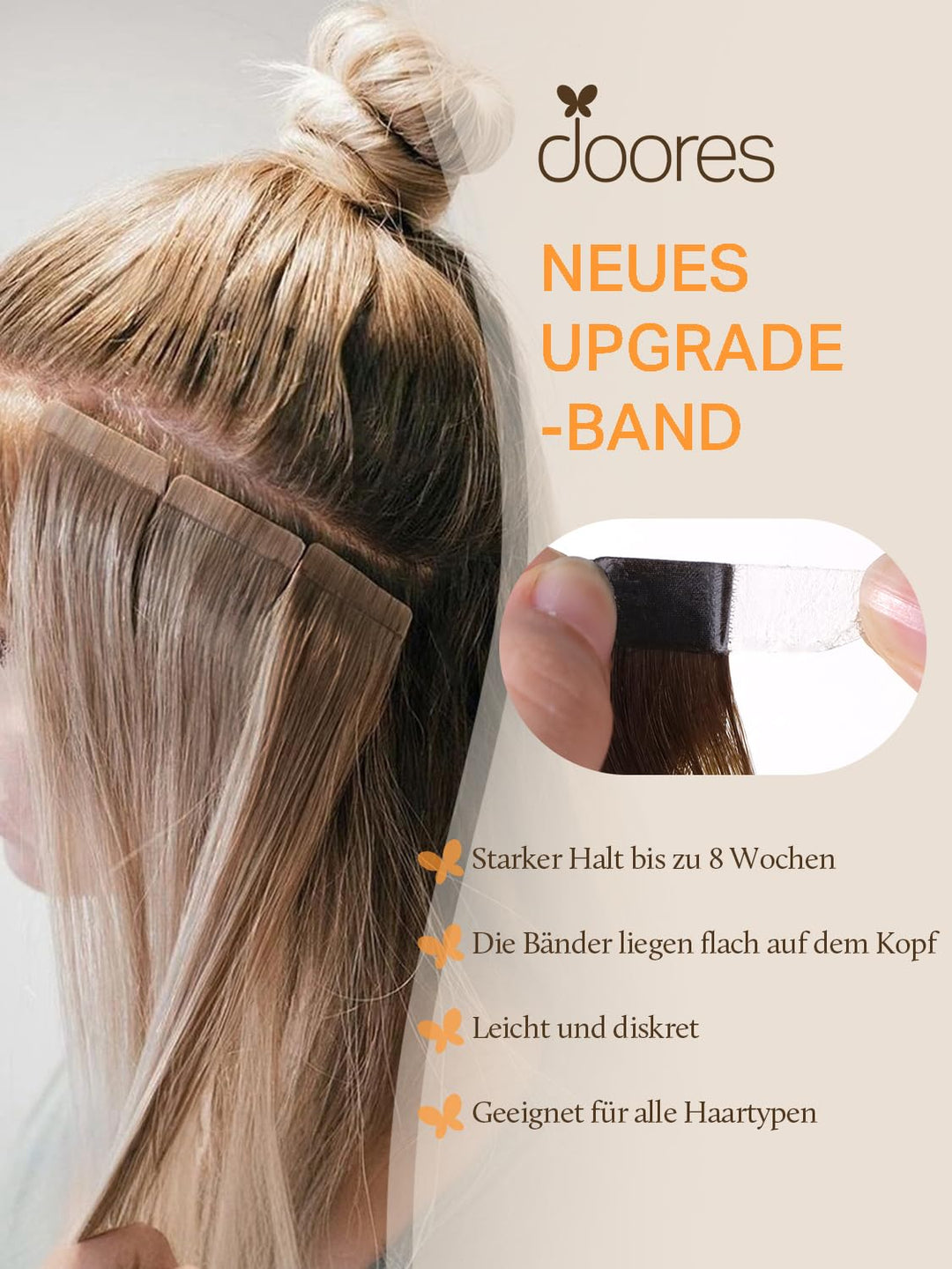 DOORES Tape Extensions Echthaar Natürliches Echthaar Tape in Menschliches Haar, Natürliches Schwarz