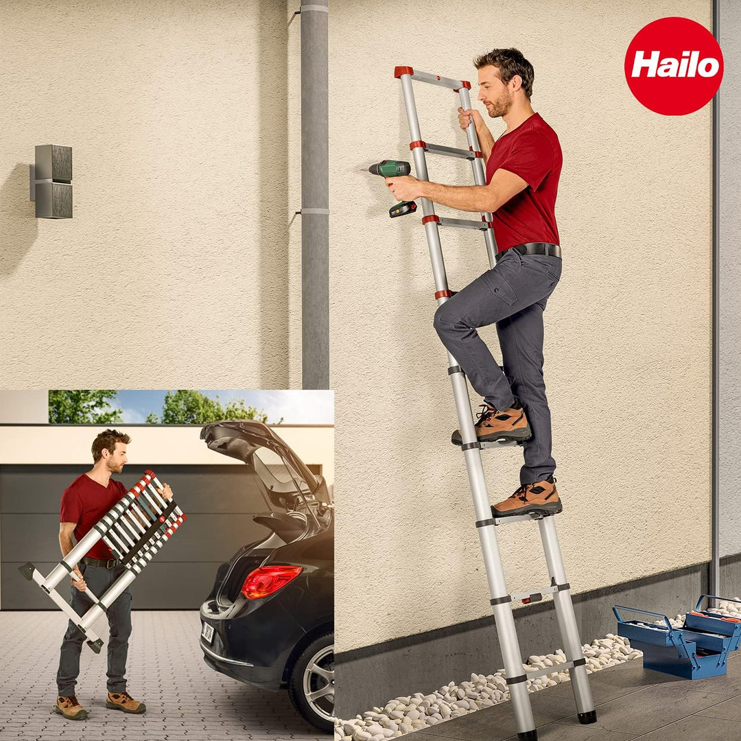 Hailo T80 FlexLine Alu Sicherheits-Teleskopleiter - ausziehbare Anlegeleiter mit 11 Sprossen - Arbei