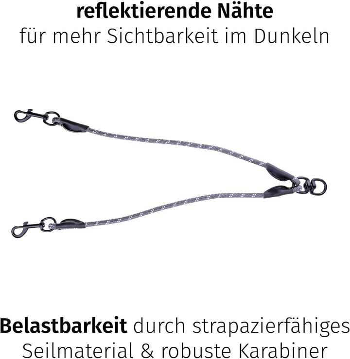 Floxik Tau Doppelleine für 2 Hunde grau/orange - reflektierend, dehnbar und verhedderungsfrei – Dopp