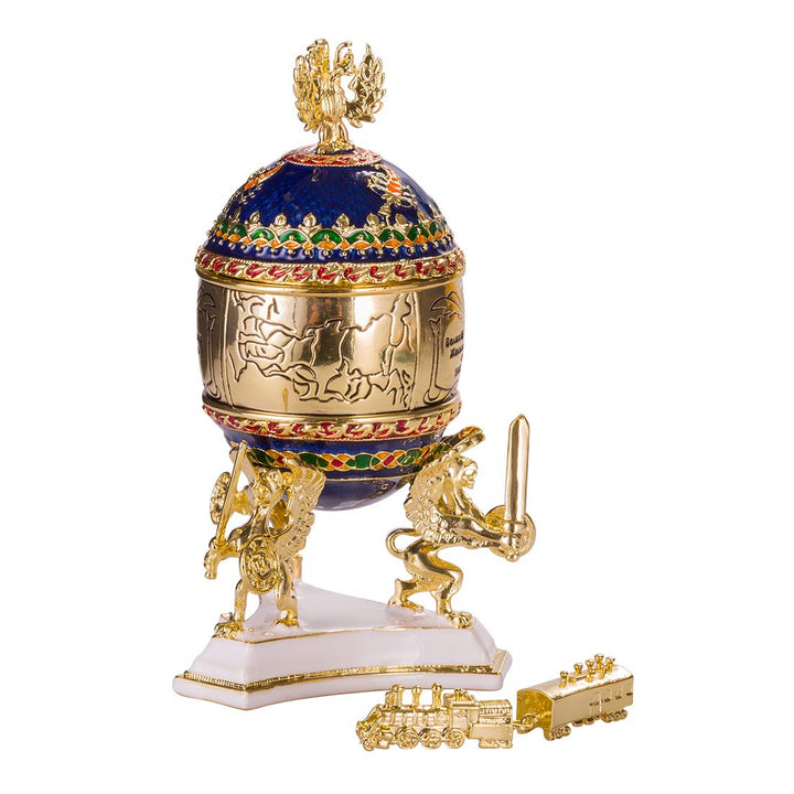 Transsibirisches Eisenbahn Fabergé-Stil Ei/Schmuckkästchen 12,5 cm blau