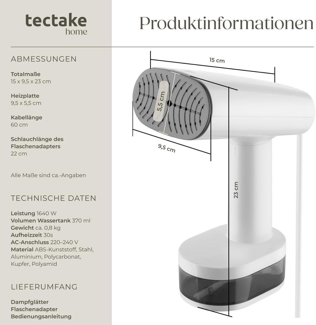 tectake® Dampfglätter, Steamer mit 4 Modi und Flaschenadapter für Reise, Hemden bügeln, Blusenbügler