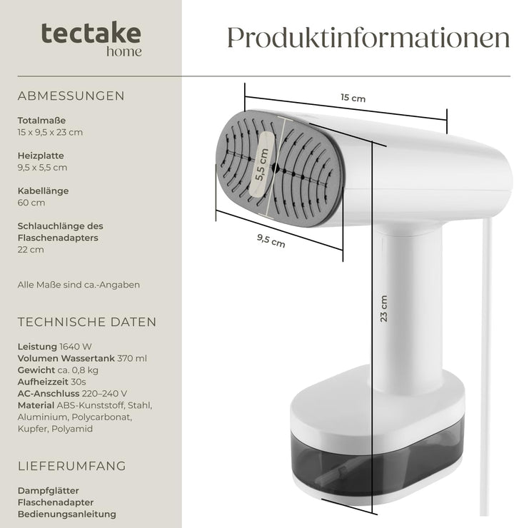 tectake® Dampfglätter, Steamer mit 4 Modi und Flaschenadapter für Reise, Hemden bügeln, Blusenbügler