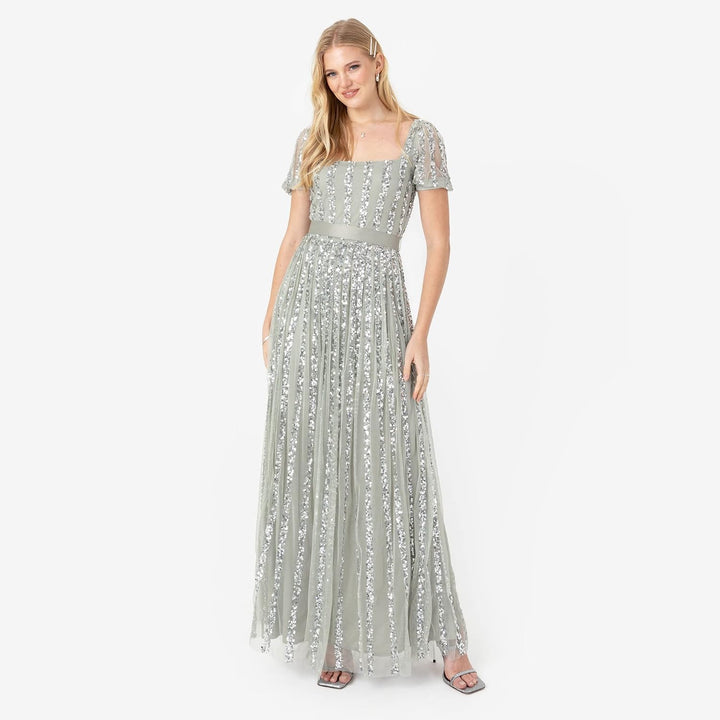 Maya Deluxe Damen Womens Ladies Maxi Occasion Dress Sequin Square Neck High Waist A Cut Evening Gown