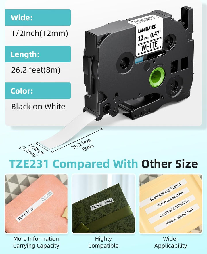 Fimax Tze-231 12mm Tz-231 Schriftband kompatibel mit Brother P-touch Bänder 12mm 0.47 Laminated Tz T