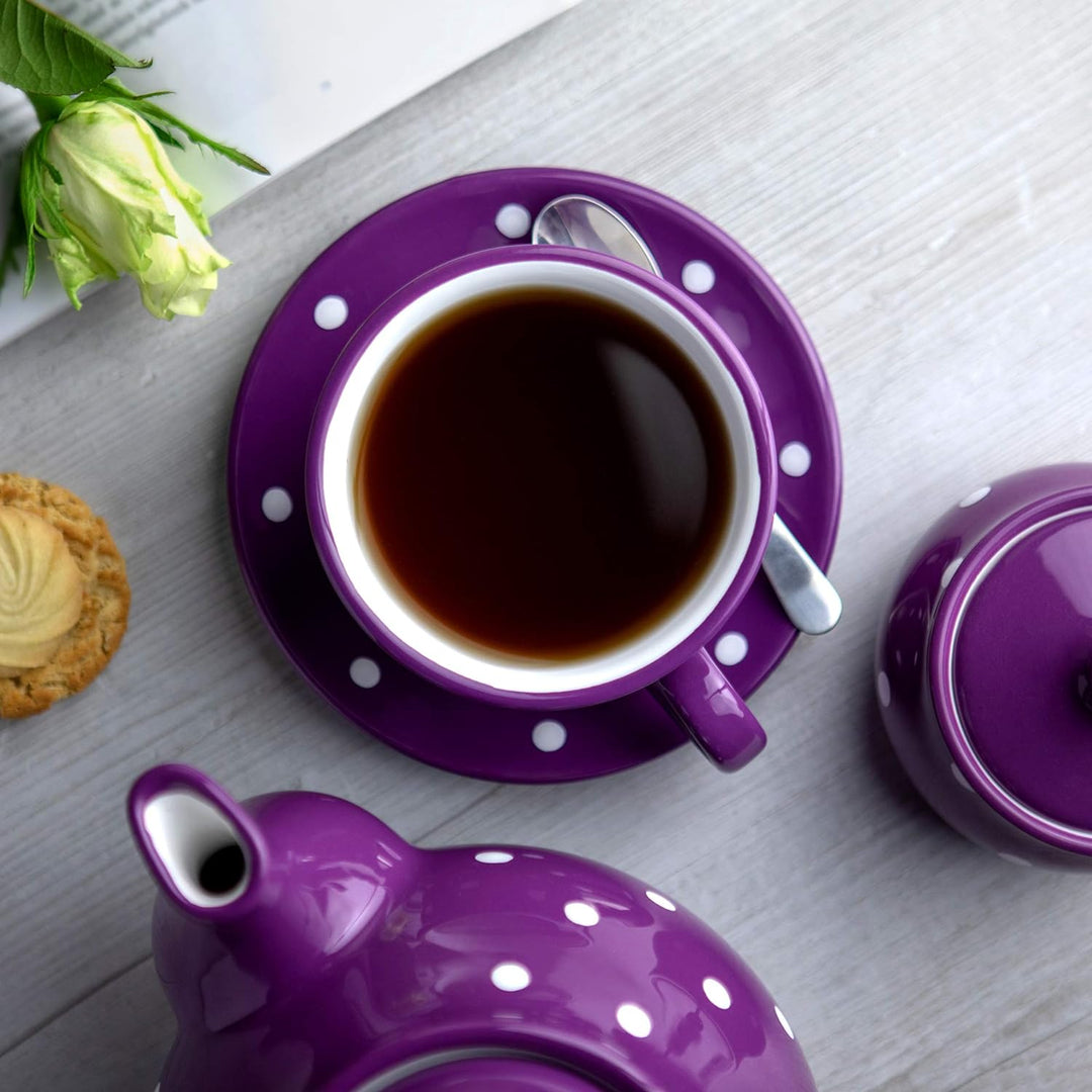 City to Cottage - Keramik Kaffebecher Teetasse 350 ml, Lila und Weiss Polka Dots, Handgemacht Kaffee
