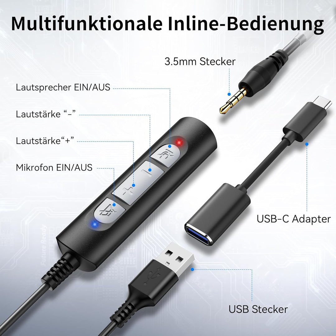 Wantek 602F Headsets mit Kabel Noise Cancelling Mikrofon USB 3,5mm Stecker und Typ-C Adapter für Com