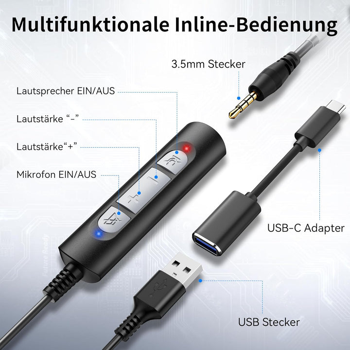Wantek 602F Headsets mit Kabel Noise Cancelling Mikrofon USB 3,5mm Stecker und Typ-C Adapter für Com