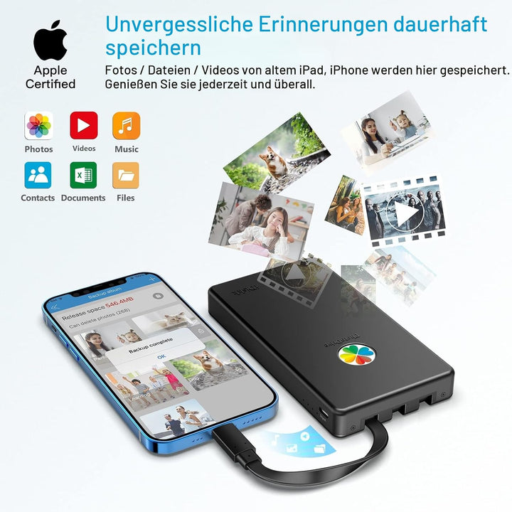 iDiskk 1 TB MFi-zertifizierte 3in1 Lightning-Festplatte für iPhone,integrierte 3 Kabel, USB-C-Festpl