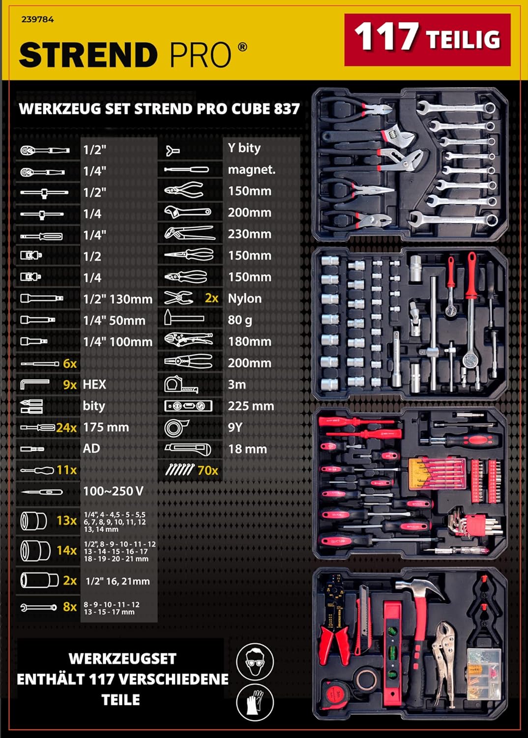 STREND PRO Werkzeugkoffer Gefüllt 117 Tlg. Werkzeugkiste - Perfektes Handwerkzeug Set für DIY- Werkz