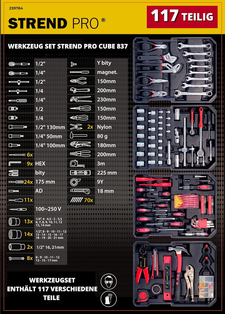 STREND PRO Werkzeugkoffer Gefüllt 117 Tlg. Werkzeugkiste - Perfektes Handwerkzeug Set für DIY- Werkz