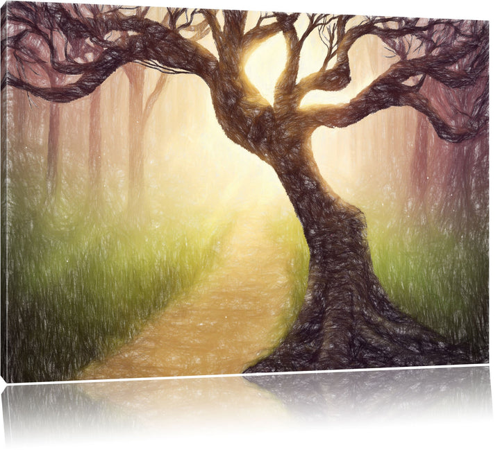 Pixxprint Baum am Waldweg als Leinwandbild/Grösse: 100x70 / Wandbild/Kunstdruck/fertig bespannt, 100