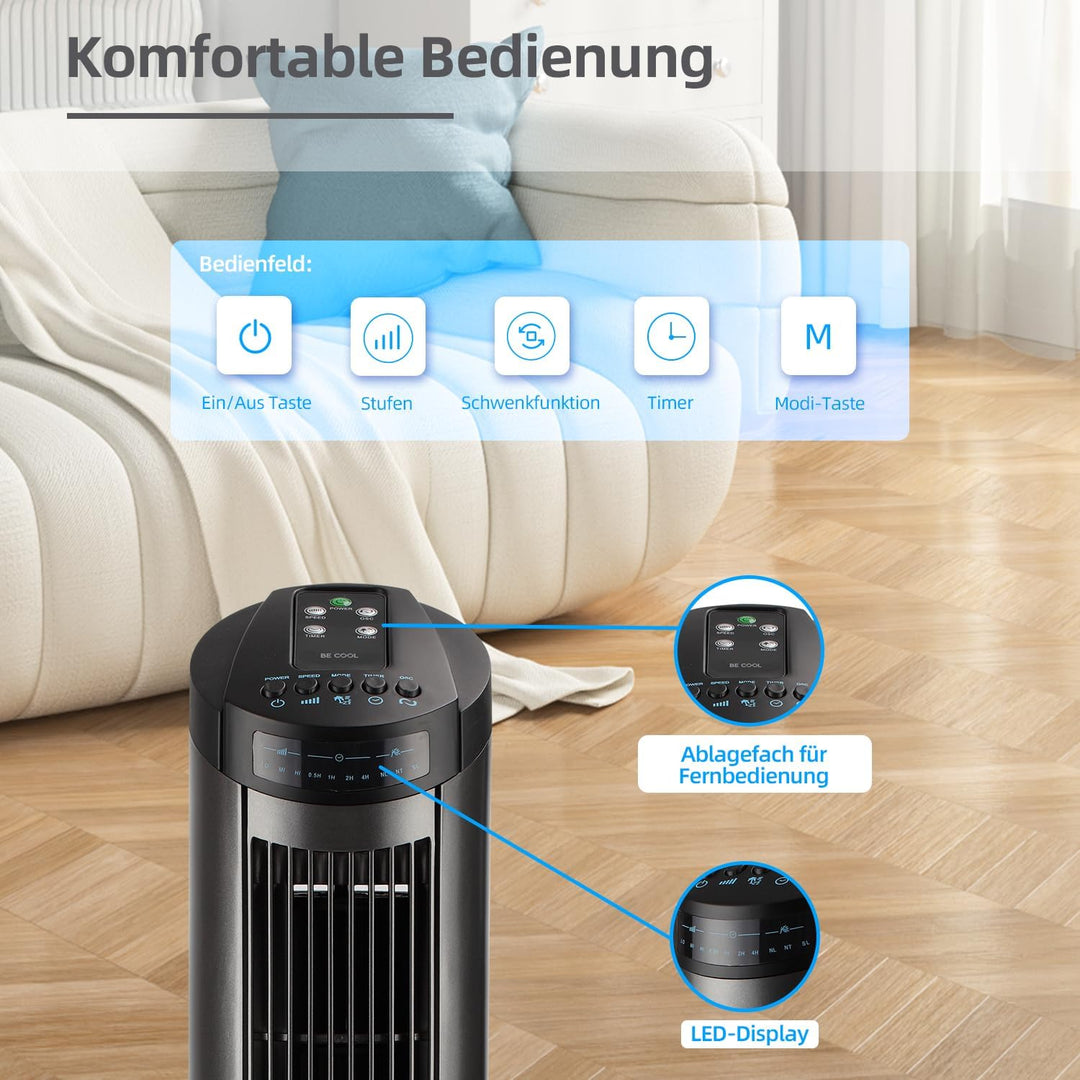 Be Cool Turmventilator 74,5cm mit Fernbedienung BC29TFRC – 74,5 cm, 50 Watt, 3 Windmodi, 7,5 Std. Ti