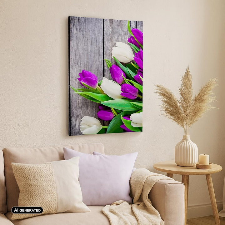 Bilder auf Leinwand Tulpen Holz Blumenstrauss Blumen Leinwandbild mit Rahmen 45x80cm Wandbilder Deko