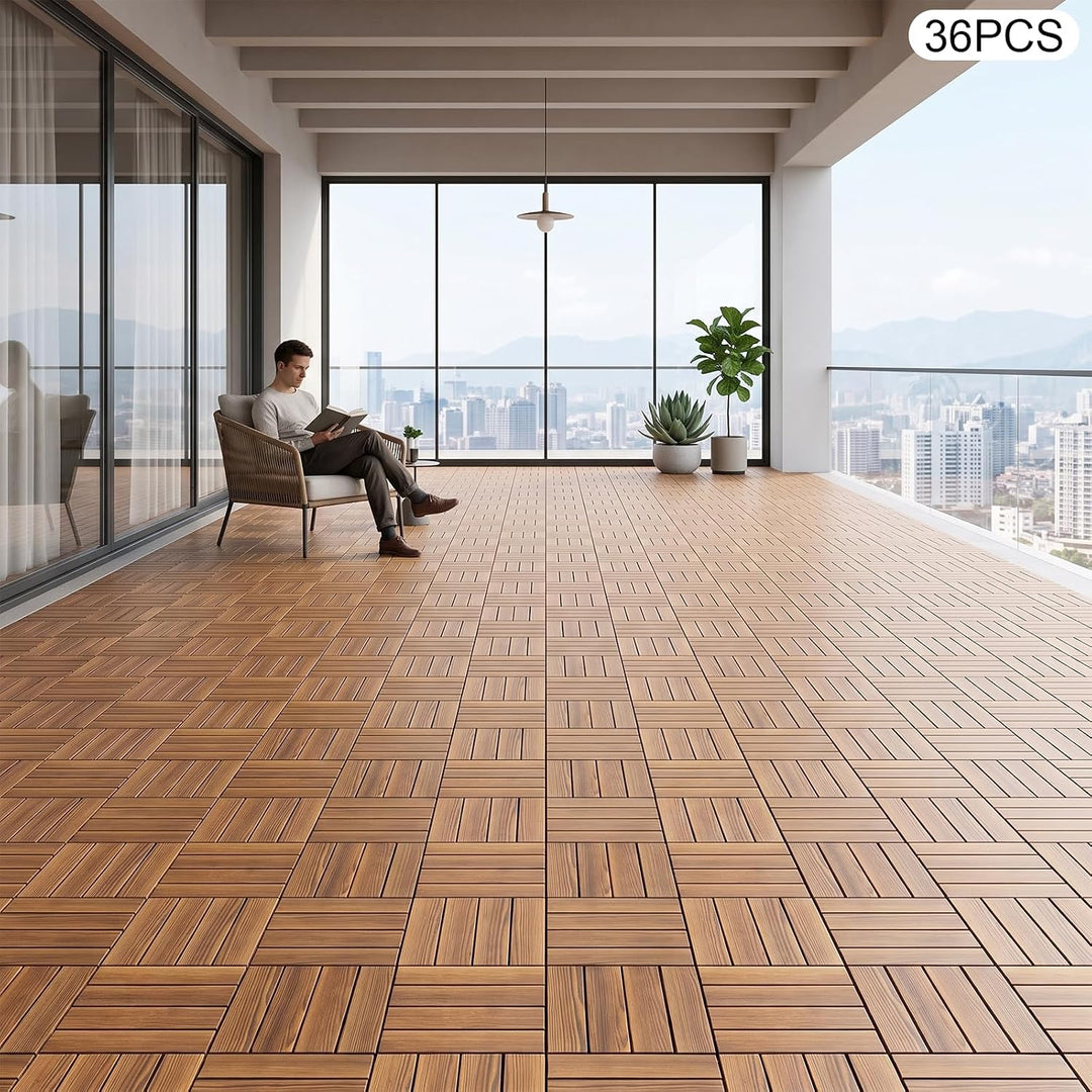 Holzfliesen Balkon 36er Set Terrassenfliesen 30x30cm Klickfliesen Karbonisiert Holz Holzboden Aussen