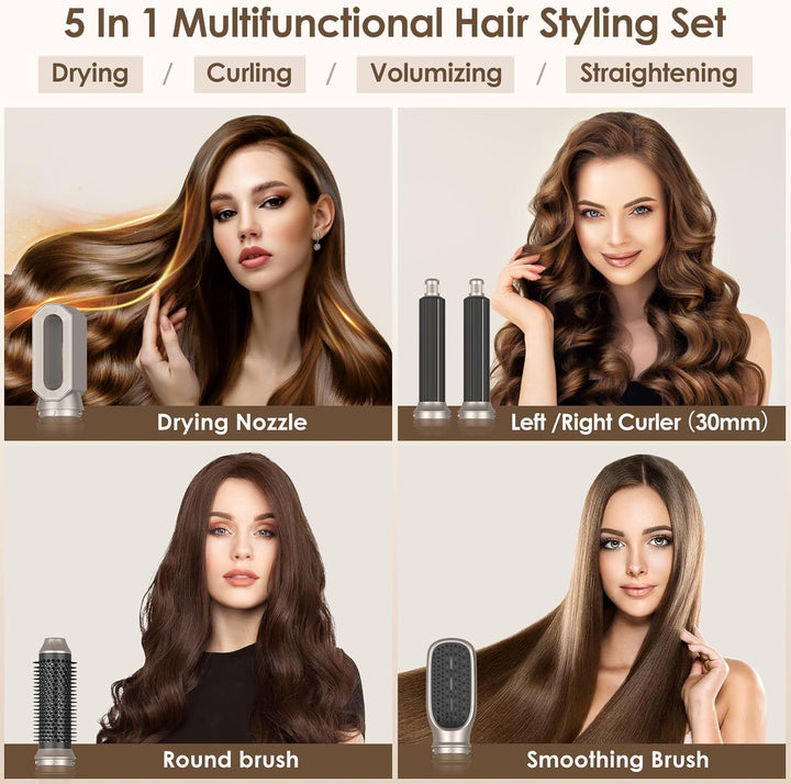 Journeyside 5-in-1 Airstyler Set 1000W, Professioneller Warmluftbürste mit Lockenstab&Glätteisen, Mu