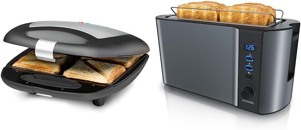 ROMMELSBACHER Sandwich Maker ST 1410 & Arendo - Edelstahl Toaster Langschlitz 4 Scheiben, Defrost 4