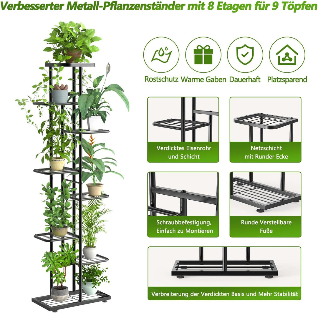 MAIJIAJU 8 Etagen Blumenständer Metall Schwarz mit Gartengeräte und Handschuhe, 141cm Ecke Blumenreg