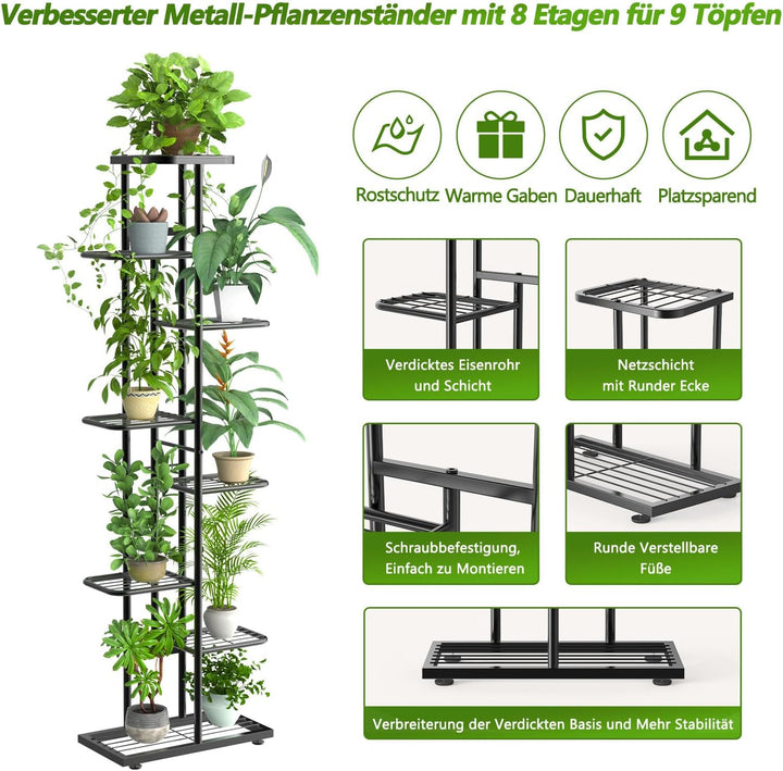 MAIJIAJU 8 Etagen Blumenständer Metall Schwarz mit Gartengeräte und Handschuhe, 141cm Ecke Blumenreg