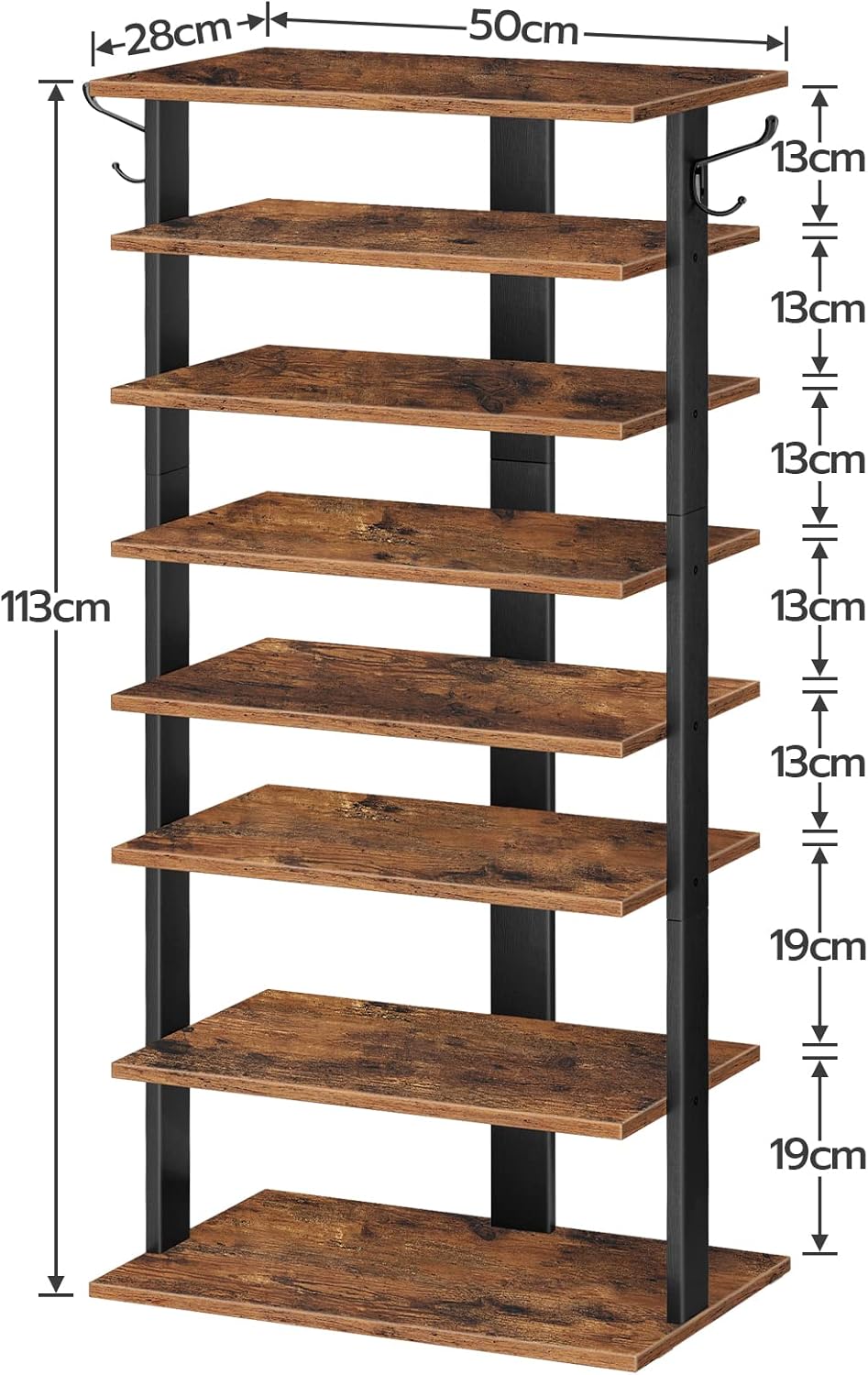 HOOBRO 8-lagiges Schuhregal, schmales Schuhablage, 50 cm Schuhschrank mit 2 Haken, Ablagegestelle, p