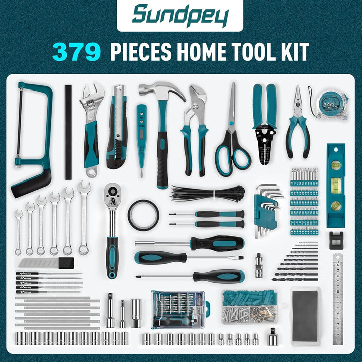 Sundpey Werkzeugkoffer 379 tlg, Werkzeugkoffer Gefüllt mit Schublade Allgemeines Werkzeugset Haushal