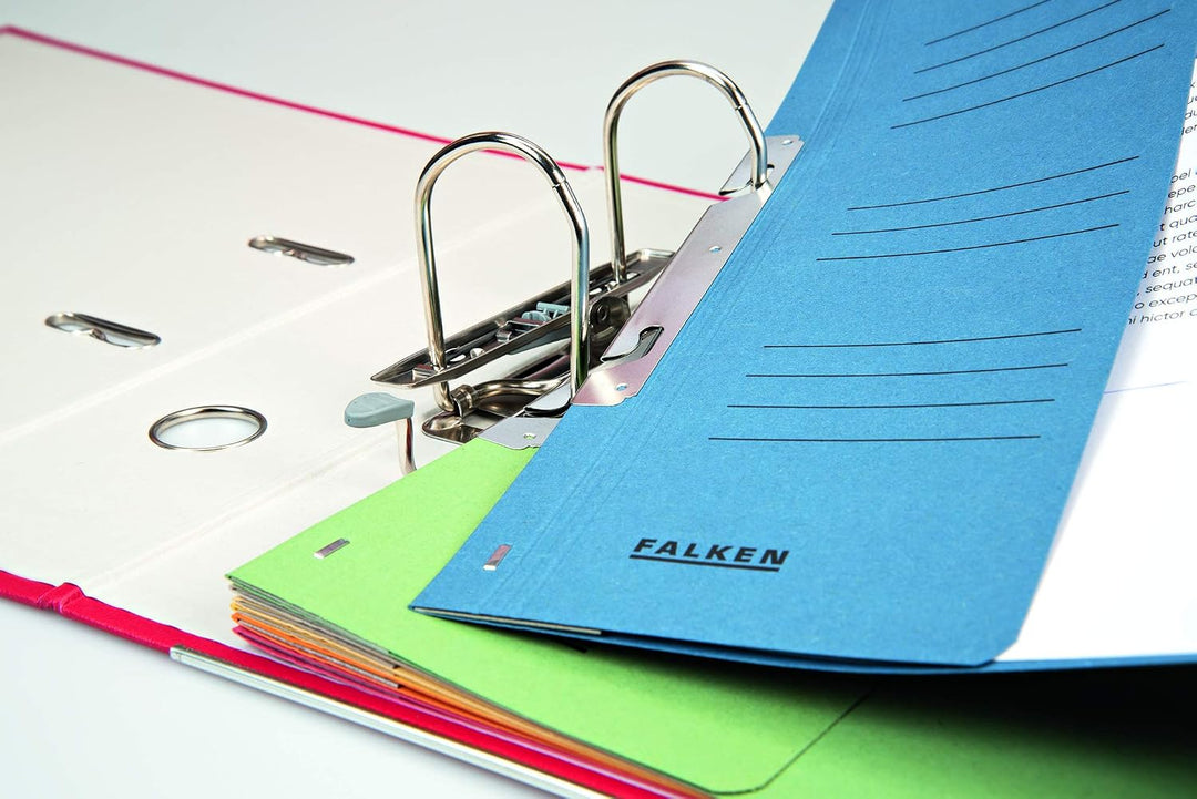 Original Falken 50er Pack Einhakhefter. Made in Germany. Aus Recycling-Karton mit halbem Vorderdecke