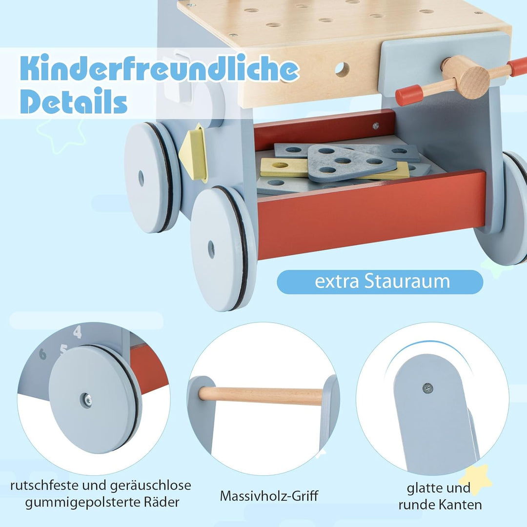 COSTWAY Lauflernwagen Holz, Baby Lauflernhilfe mit Multi-Aktivitätszentrum, Kinder Werkbank Spieltis