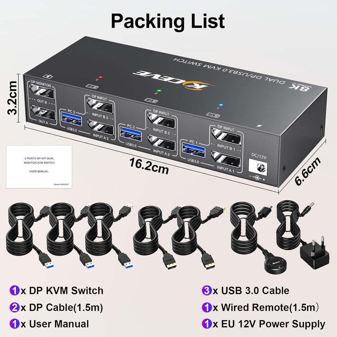 USB 3.0 KVM Switch 3 PC 2 Monitore Displayport 4K@144Hz, KVM Switch Dual Monitor Displayport 1.4 für