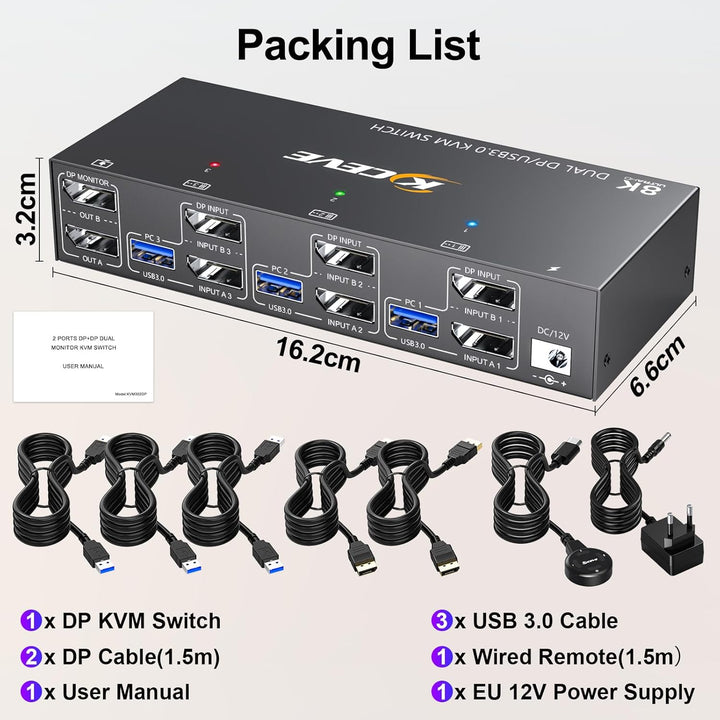 USB 3.0 KVM Switch 3 PC 2 Monitore Displayport 4K@144Hz, KVM Switch Dual Monitor Displayport 1.4 für