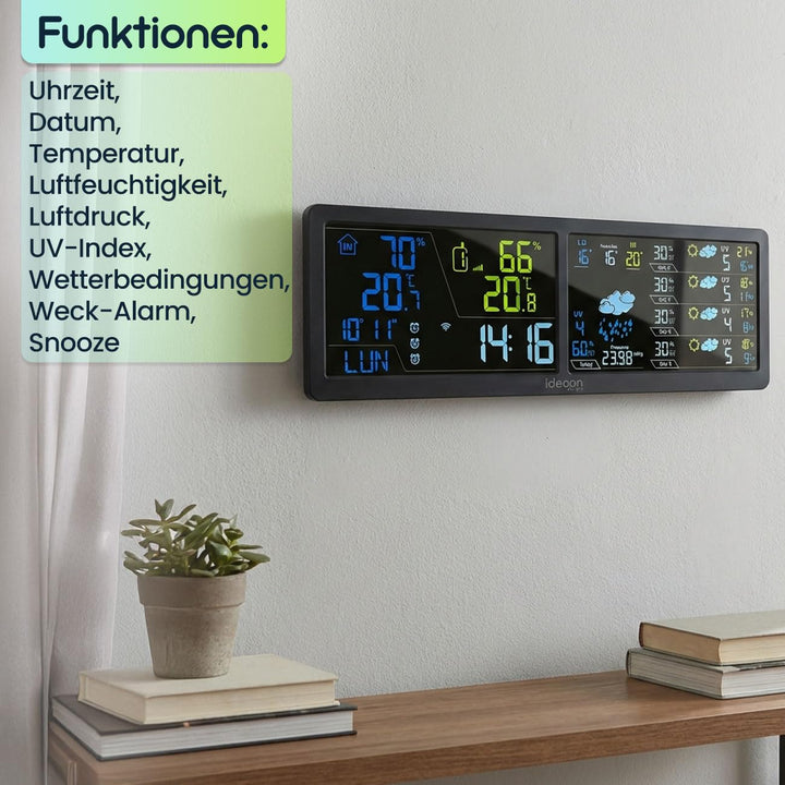 ideoon WLAN Wetterstation mit App & XXL Display: Tuya Smart Home, Aussen-Sensor, Weck-Alarm - Temper