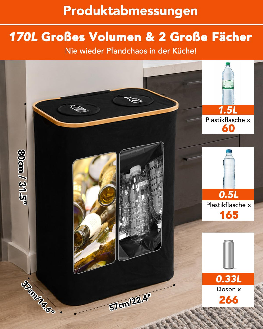 SOUTHGATE Pfandflaschen Sammelbehälter 2 Fächer, 170L Pfandbehälter, Leergut &amp; Altglas Aufbewahrung