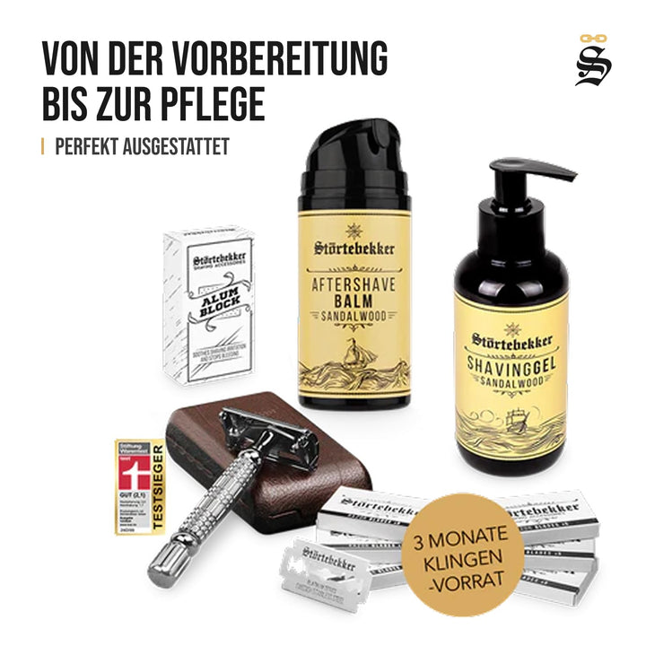 Störtebekker® Premium Rasierhobel im handgefertigten Leder-| Rasier-Set mit 10 Rasierklingen, Reise-