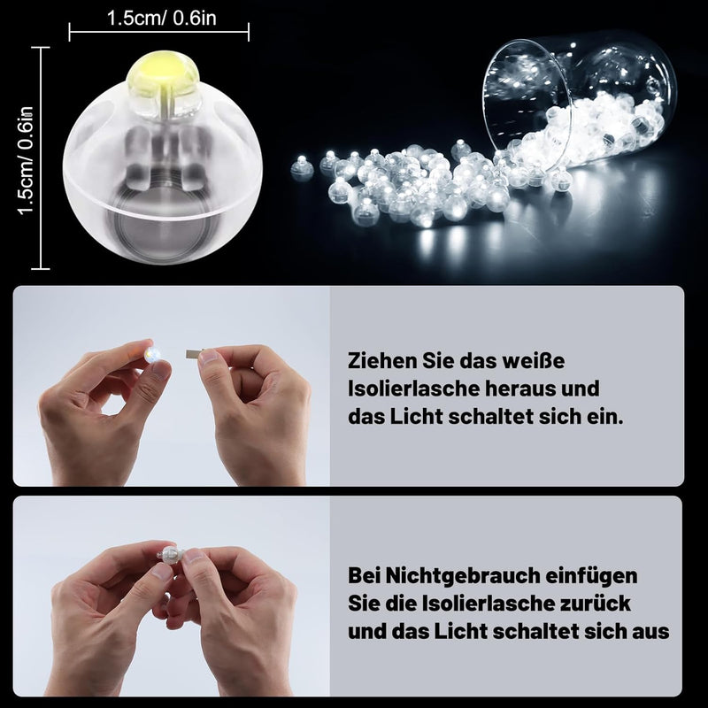 100 Stück LED Ballons Lichter, Mini LED Licht Luftballons Lichter, Runde Led Ballonlichter Weiss Lat