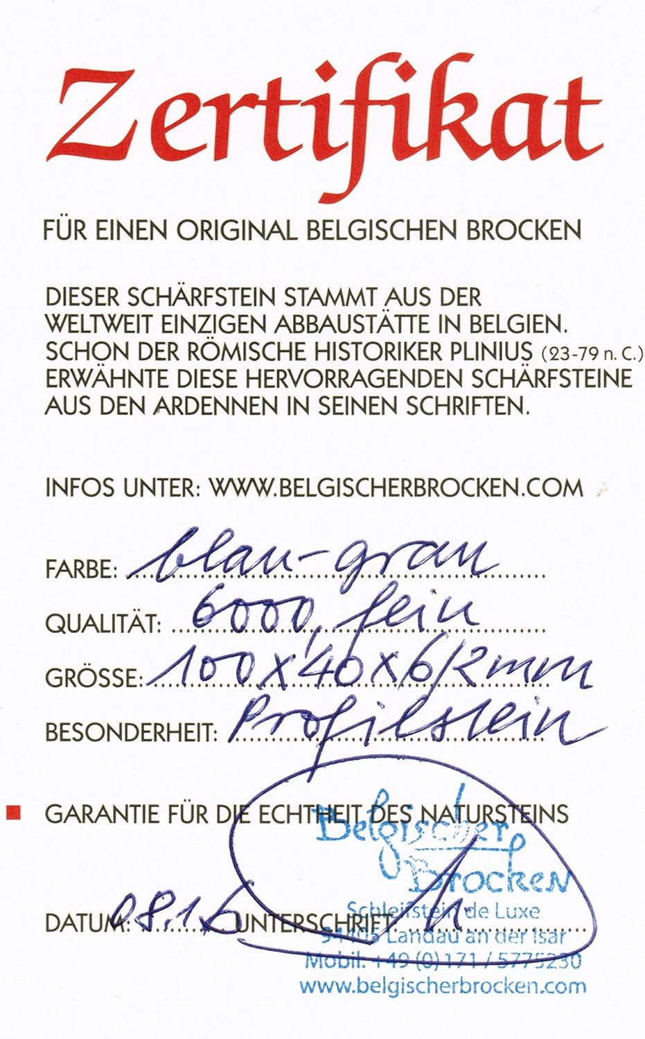 Schleifstein Hohlmeisselstein Belgischer Brocken blau 100x40x6/2 mm Brotmesser-Schnitzwerkzeug-Schär