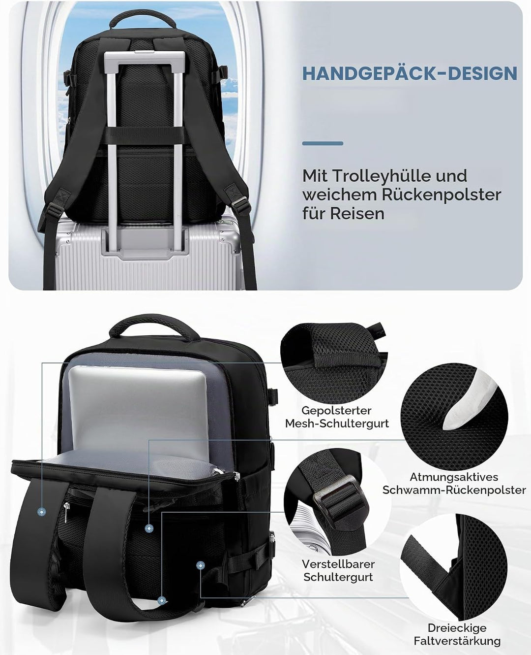 BJLFS Rucksack Handgepäck Flugzeug Ryanair Handgepäck 40x20x25 Rucksack Easyjet Handgepäck 45x36x20