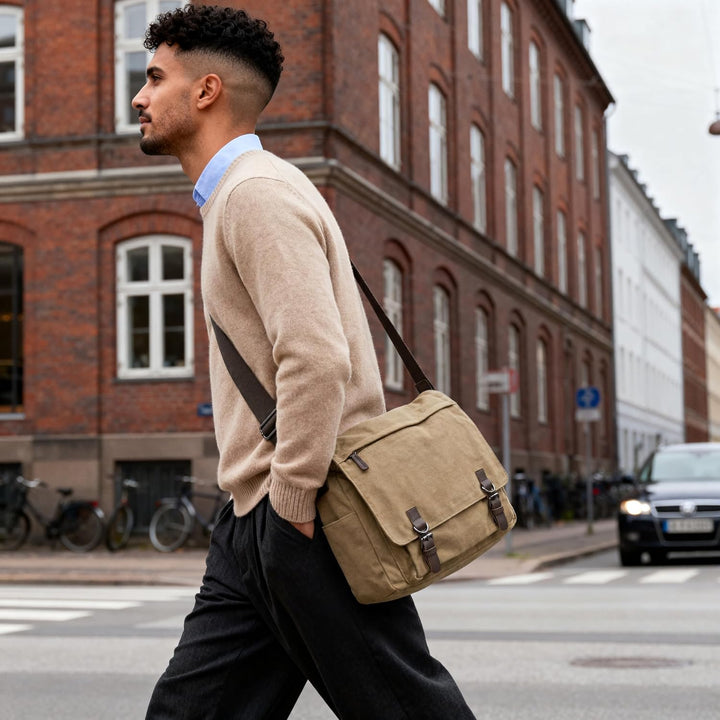 Trendhim Messenger Bag Herren | Canvas Umhängetasche mit Lederdetails &amp; Laptopfach | Schultertasche