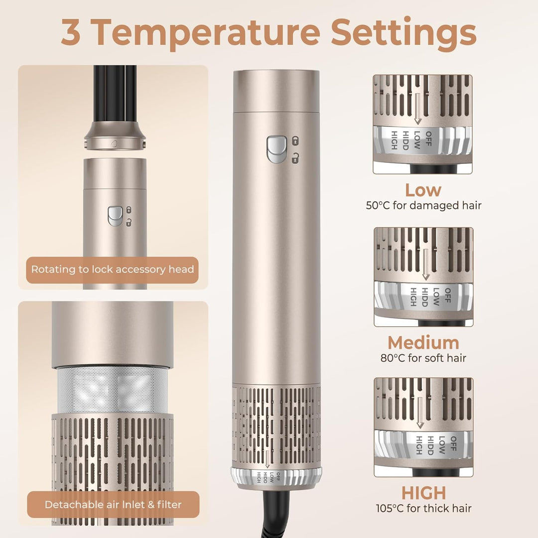 6 in 1 Hairstyler 1000w Rundbürstenföhn Haartrockner,Airstyler Lockenstab mit Luft, 3 Temperaturrege
