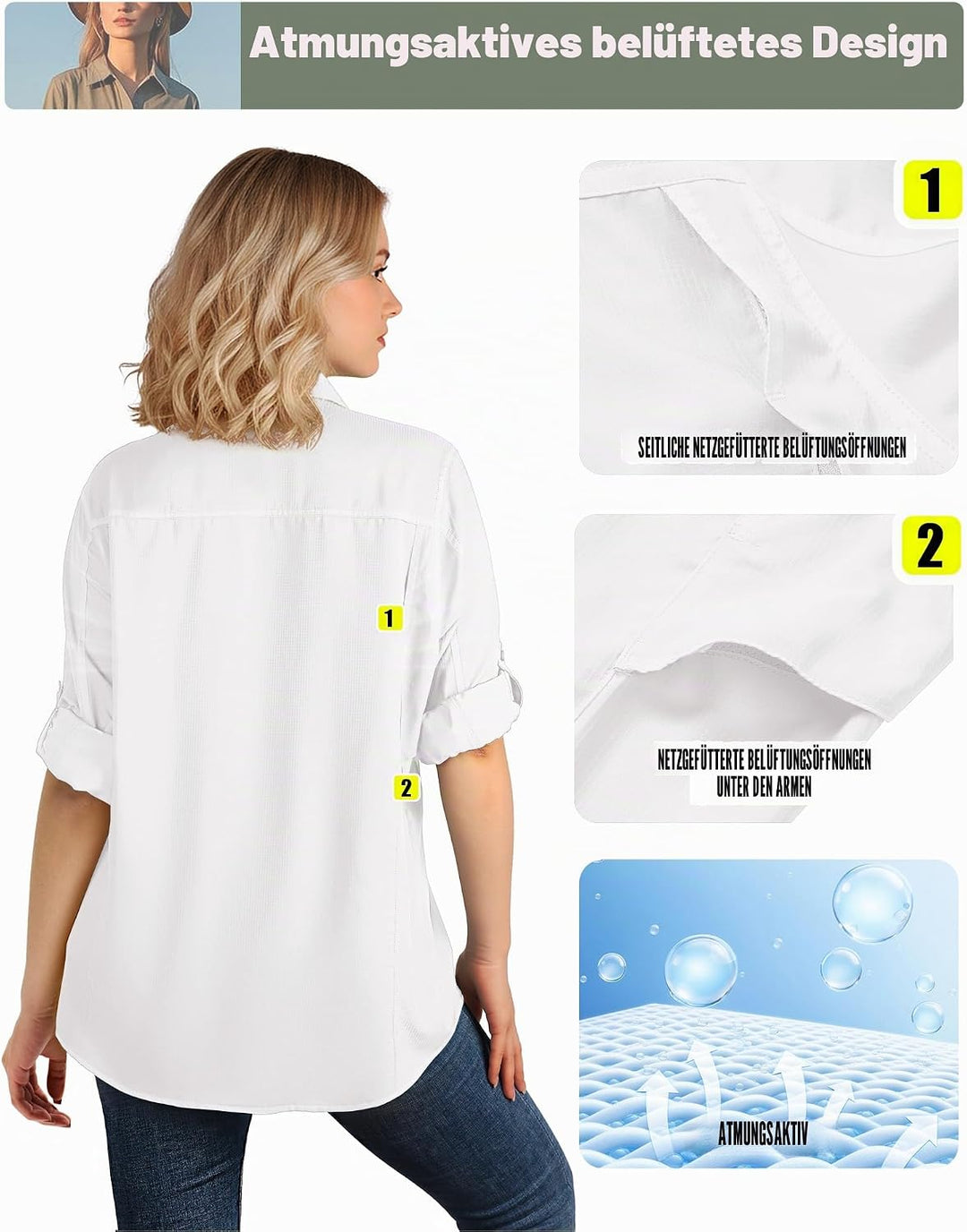 33,000ft Hemdbluse Damen UPF50 UV Schutz Hemd Schnelltrocknende Button-Down Shirts Atmungsaktive Wan