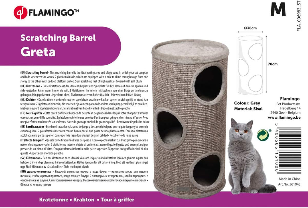kratztonne für Katzen – Flamingo Greta M – 70 cm – Ø 36 cm – Sisal & Plüsch – 3 Etagen