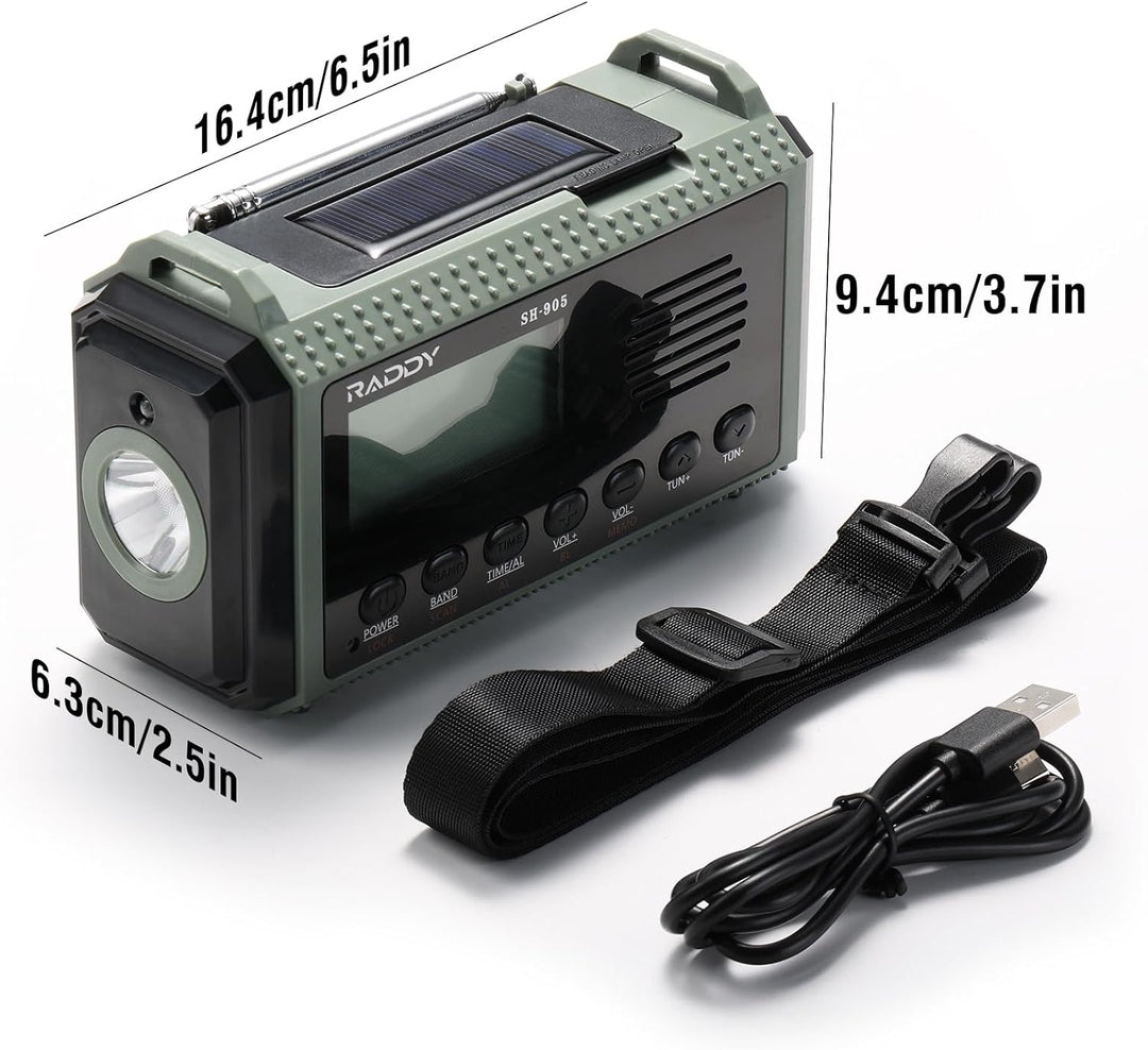 [11.500mAh Leistungskapazität] SW/AM/FM Kurbelradio Raddy SH-905, Solar Notfallradio, Tragbares Wied